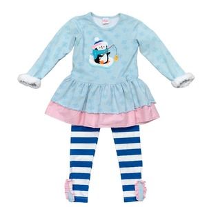 4T Ricrac & Ruffles Holiday Penguin Blue White Striped Boutique Outfit Set
